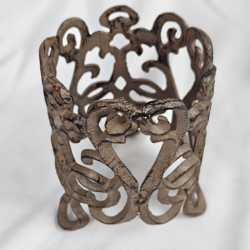 Decorative Wrought Iron‎ Metal Candle Holder Surround Footed 5"H 3 3/8"D Inside